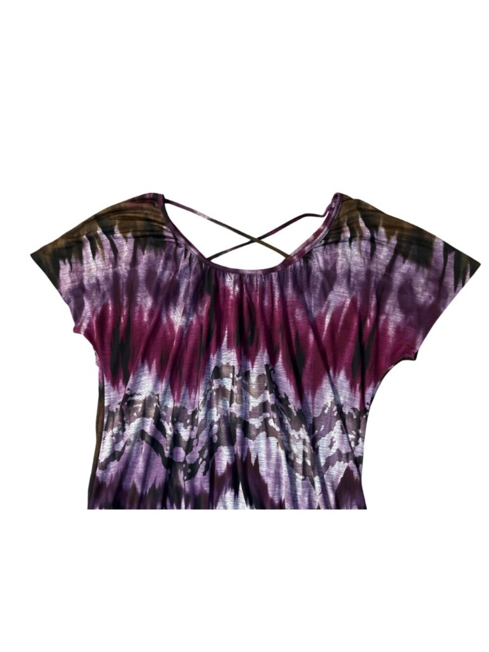 AB Studio Blouse Womens M Purple Black Stretch Criss Cross Back Used - Picture 7 of 10